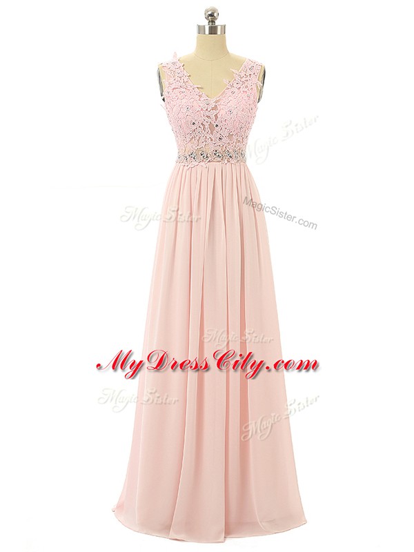 Beautiful Floor Length Pink Chiffon Sleeveless Beading and Appliques