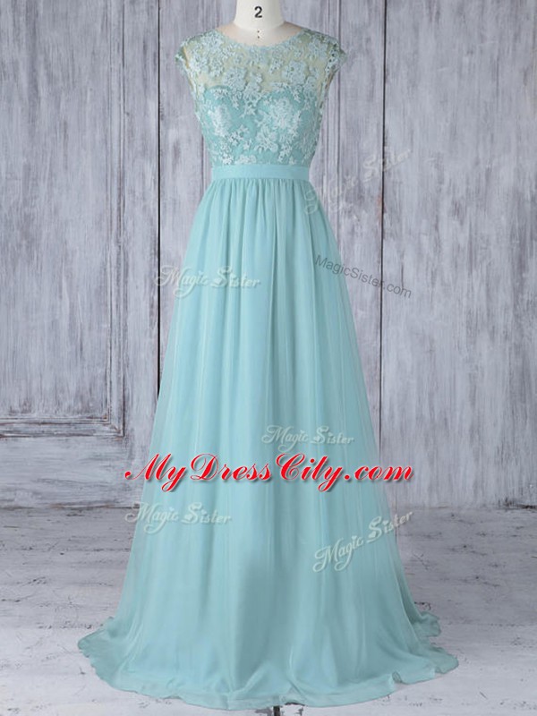 Smart Chiffon Scoop Cap Sleeves Sweep Train Backless Lace Wedding Guest Dresses in Aqua Blue