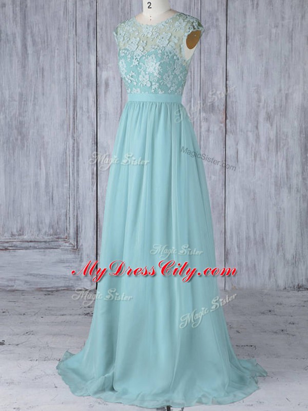 Smart Chiffon Scoop Cap Sleeves Sweep Train Backless Lace Wedding Guest Dresses in Aqua Blue