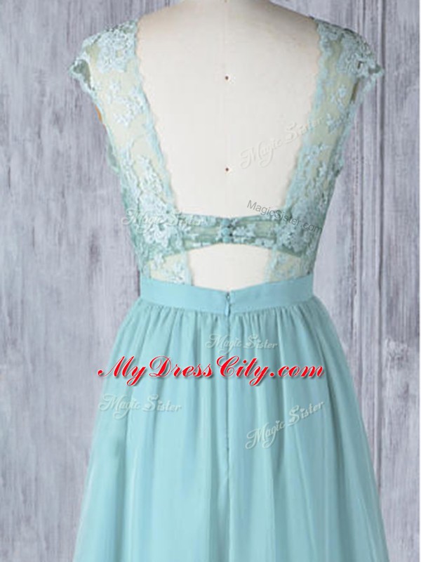 Smart Chiffon Scoop Cap Sleeves Sweep Train Backless Lace Wedding Guest Dresses in Aqua Blue