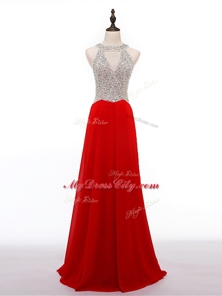 Gorgeous Scoop Sleeveless Evening Dress Beading Red Chiffon