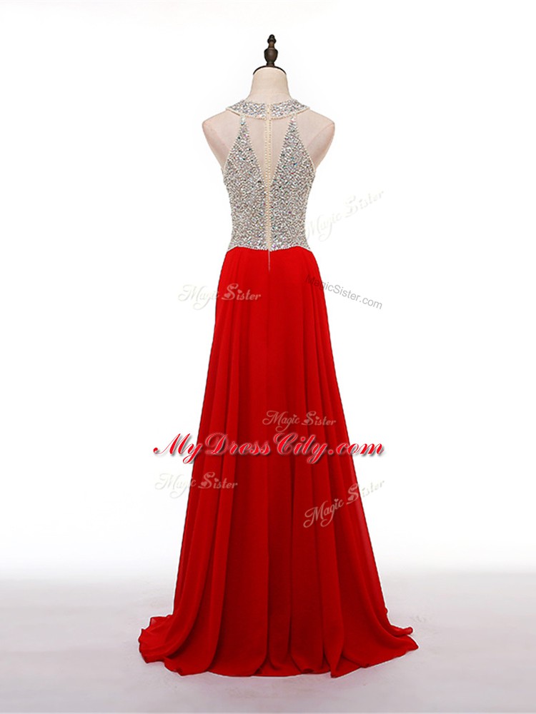 Gorgeous Scoop Sleeveless Evening Dress Beading Red Chiffon