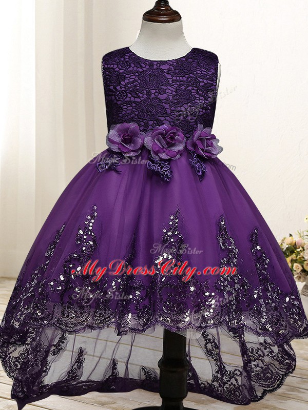 Dark Purple Tulle Zipper Kids Formal Wear Sleeveless High Low Lace and Appliques and Bowknot and Hand Made Flower