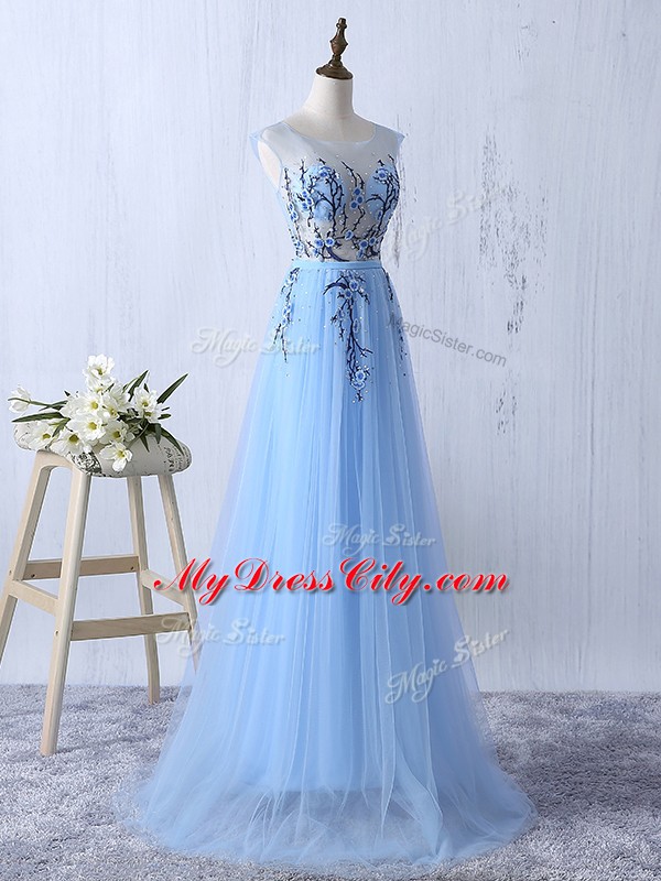 Sleeveless Tulle Floor Length Side Zipper Quinceanera Court Dresses in Light Blue with Appliques