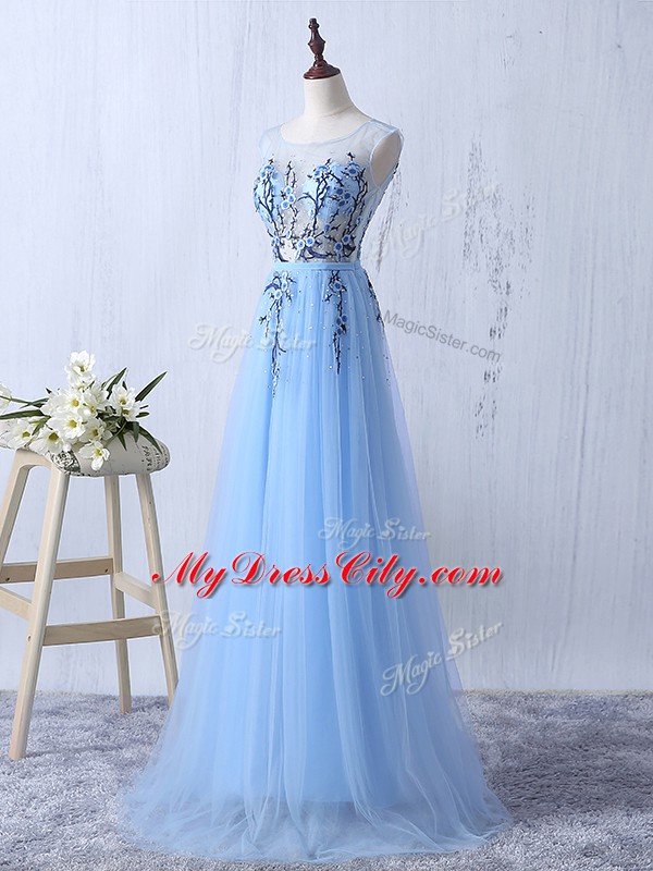 Sleeveless Tulle Floor Length Side Zipper Quinceanera Court Dresses in Light Blue with Appliques