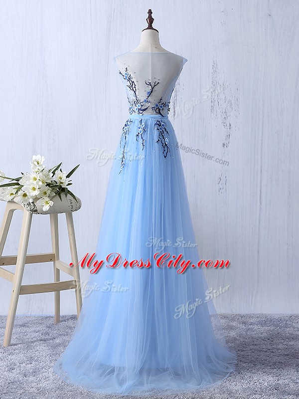 Sleeveless Tulle Floor Length Side Zipper Quinceanera Court Dresses in Light Blue with Appliques