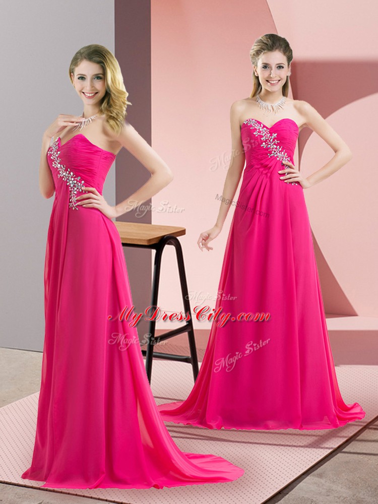 Modern Hot Pink Sweetheart Neckline Beading Prom Evening Gown Sleeveless Lace Up