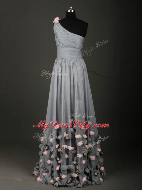 Edgy A-line Dress for Prom Grey One Shoulder Chiffon Sleeveless Floor Length Backless