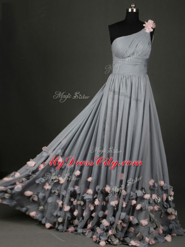 Edgy A-line Dress for Prom Grey One Shoulder Chiffon Sleeveless Floor Length Backless