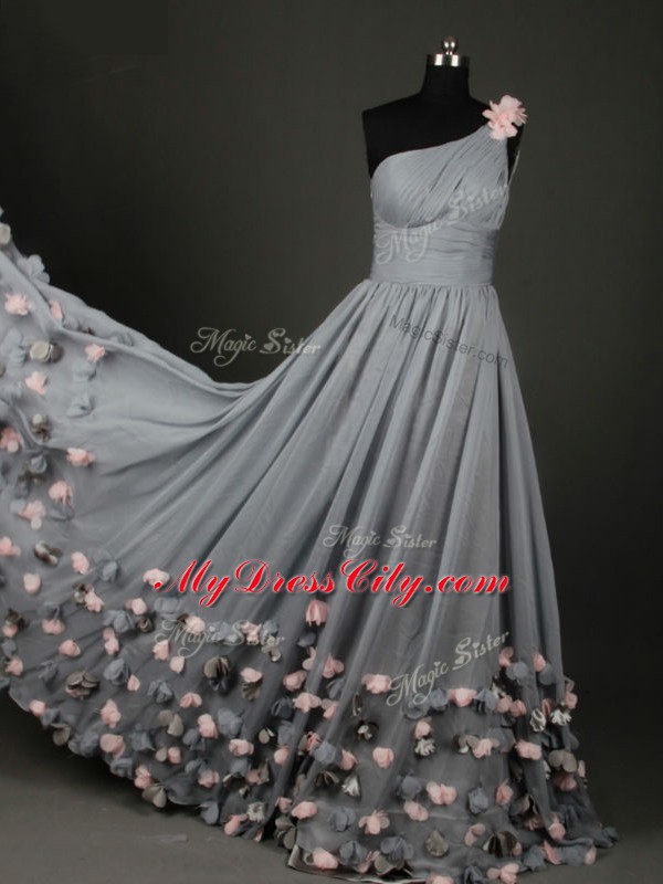 Edgy A-line Dress for Prom Grey One Shoulder Chiffon Sleeveless Floor Length Backless