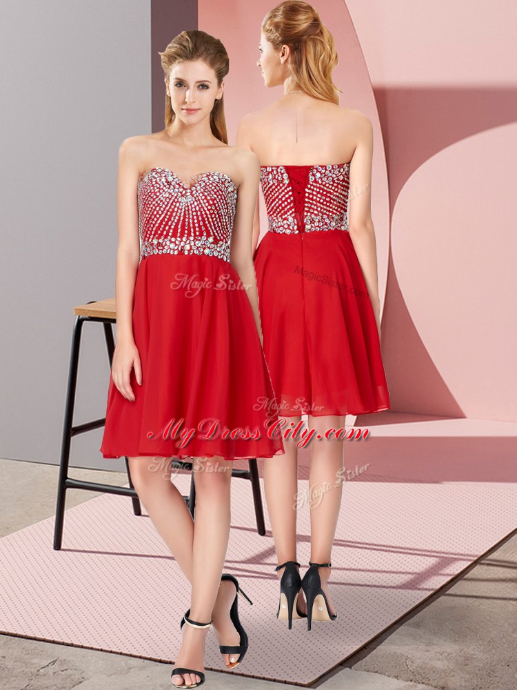 Red Sweetheart Neckline Beading Womens Party Dresses Sleeveless Lace Up