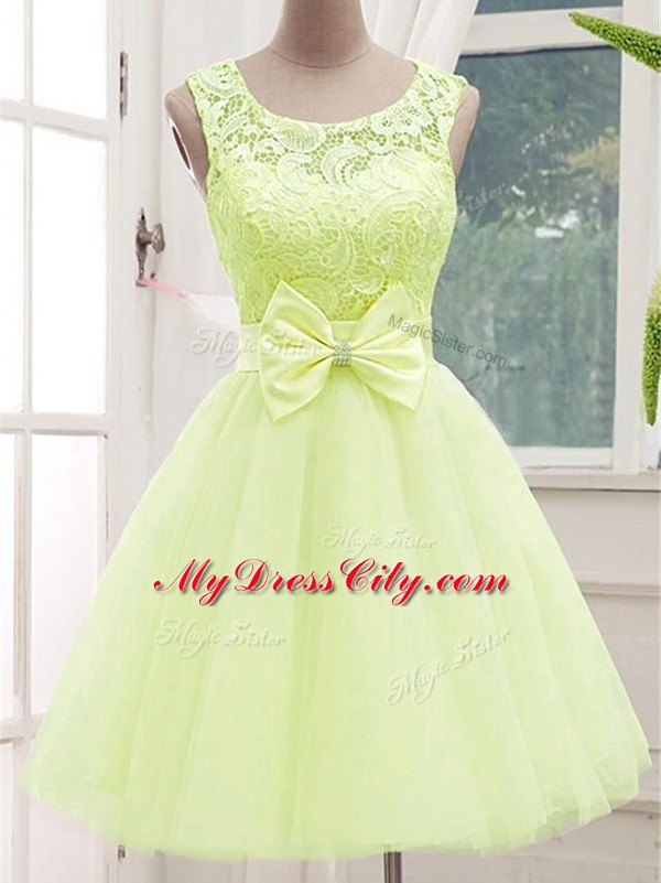 Dynamic Scoop Sleeveless Tulle Quinceanera Court of Honor Dress Lace and Bowknot Lace Up