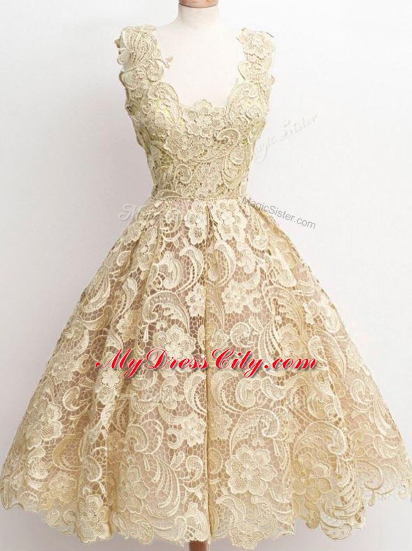 Straps Sleeveless Quinceanera Dama Dress Knee Length Lace Champagne Lace