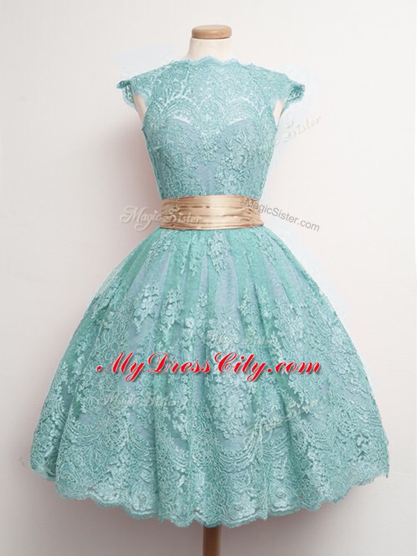 Customized Lace Cap Sleeves Knee Length Bridesmaid Dresses and Belt