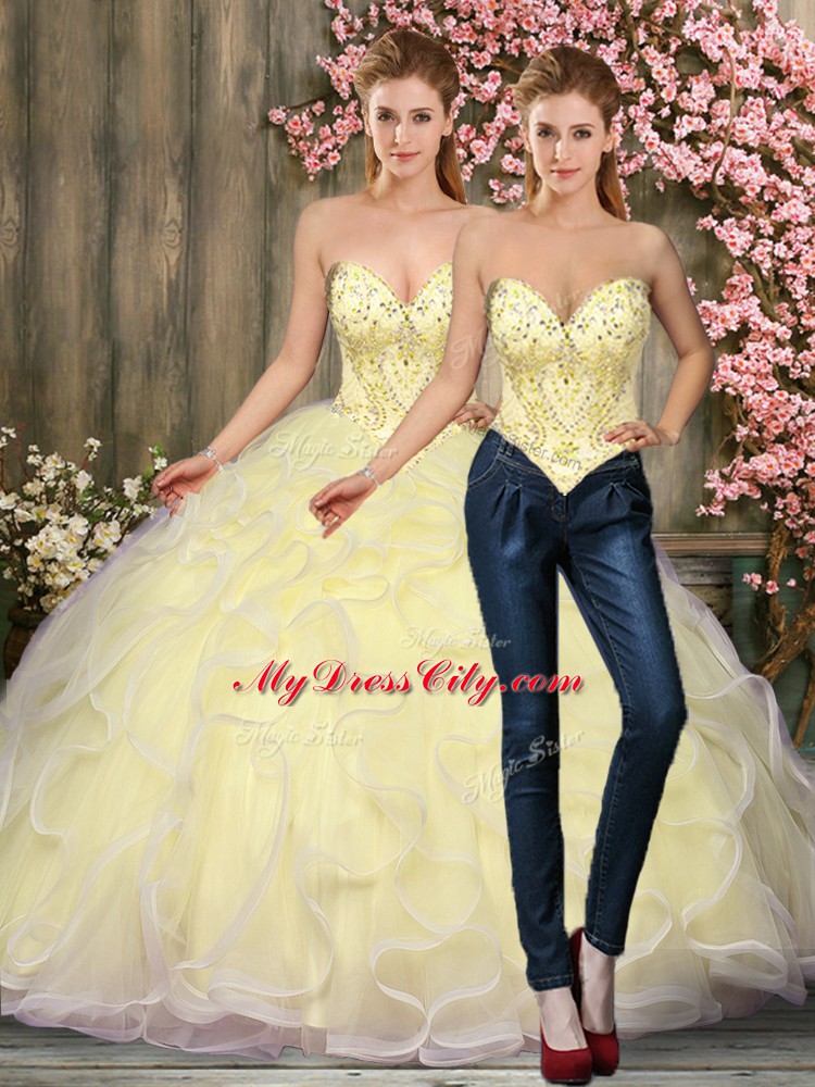 Floor Length Light Yellow Sweet 16 Dresses Tulle Sleeveless Beading and Ruffles