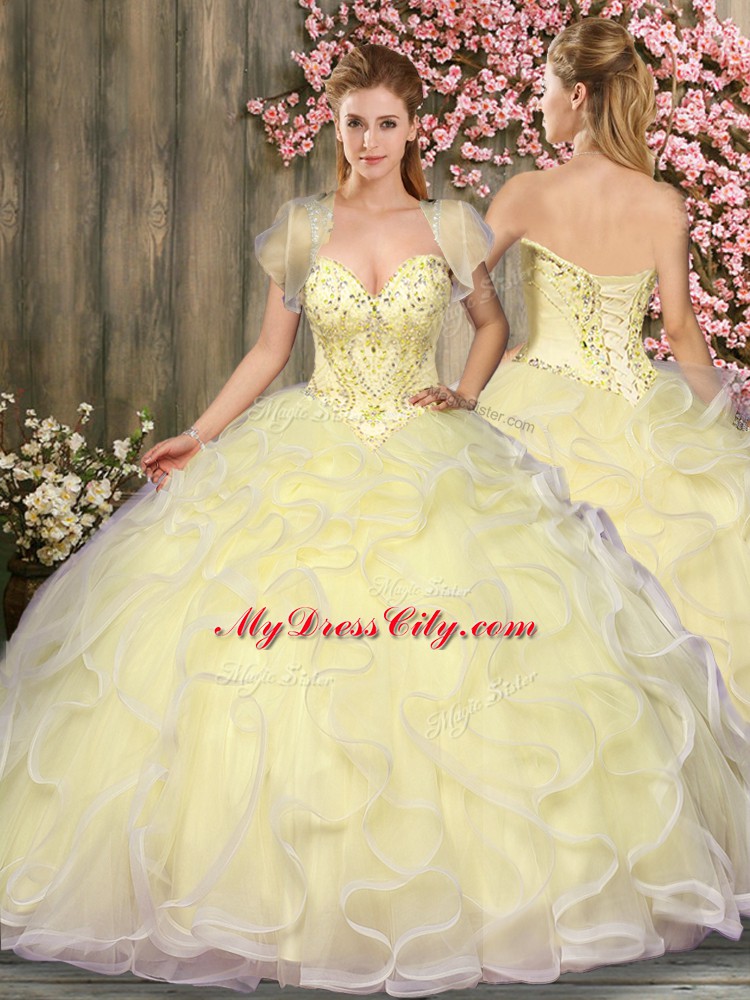 Floor Length Light Yellow Sweet 16 Dresses Tulle Sleeveless Beading and Ruffles