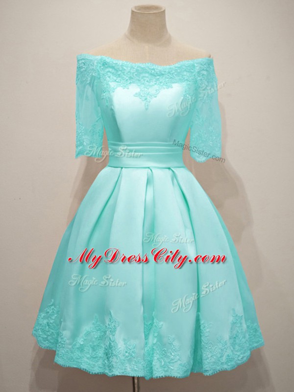 Aqua Blue Off The Shoulder Neckline Lace Court Dresses for Sweet 16 Half Sleeves Lace Up