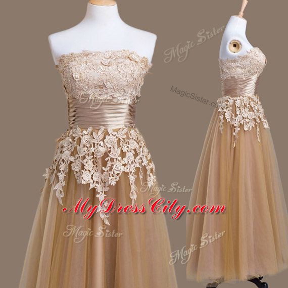 Stunning Brown Sleeveless Tea Length Appliques Lace Up Bridesmaid Dresses