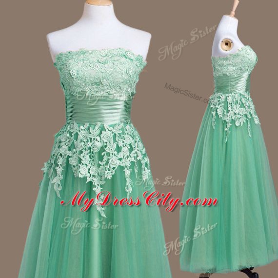 Top Selling Turquoise Lace Up Strapless Appliques Quinceanera Court Dresses Tulle Sleeveless