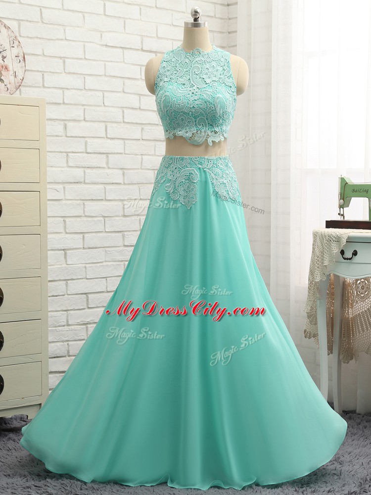 Mini Length Apple Green Prom Gown Chiffon Sleeveless Lace and Appliques