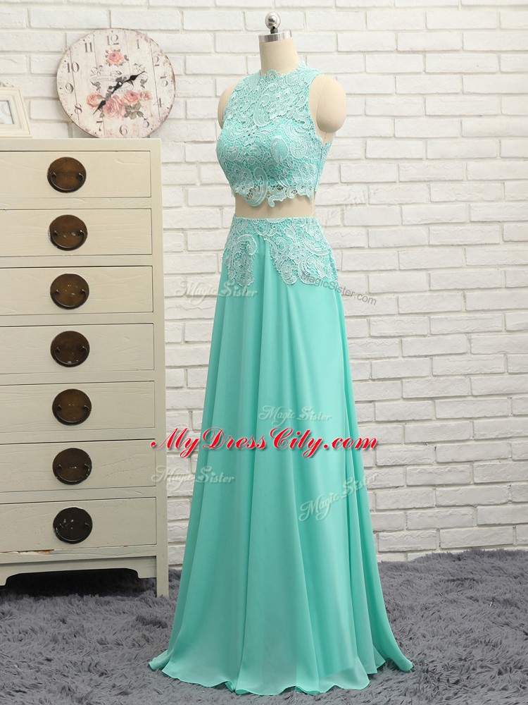 Mini Length Apple Green Prom Gown Chiffon Sleeveless Lace and Appliques