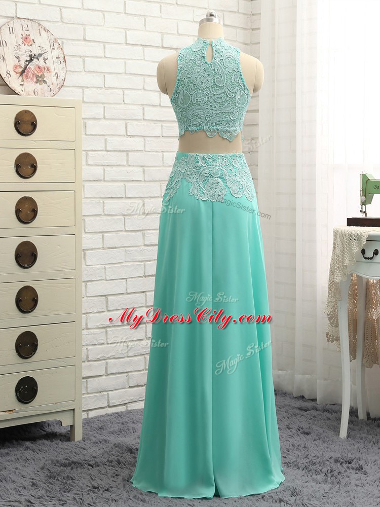 Mini Length Apple Green Prom Gown Chiffon Sleeveless Lace and Appliques