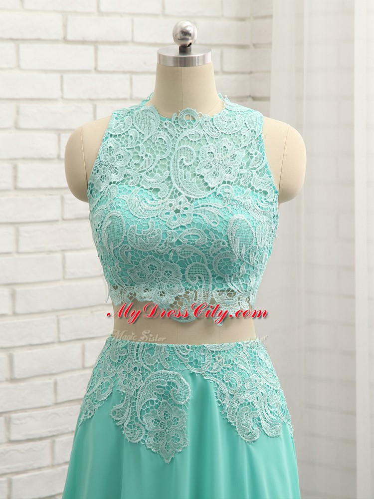 Mini Length Apple Green Prom Gown Chiffon Sleeveless Lace and Appliques