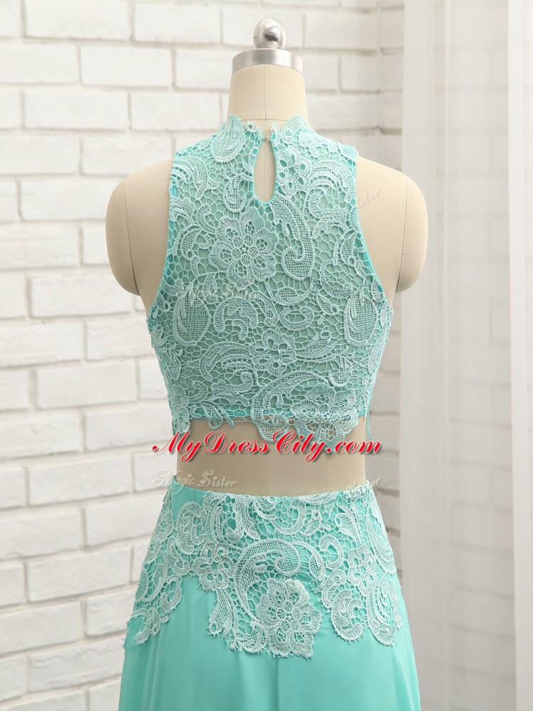 Mini Length Apple Green Prom Gown Chiffon Sleeveless Lace and Appliques