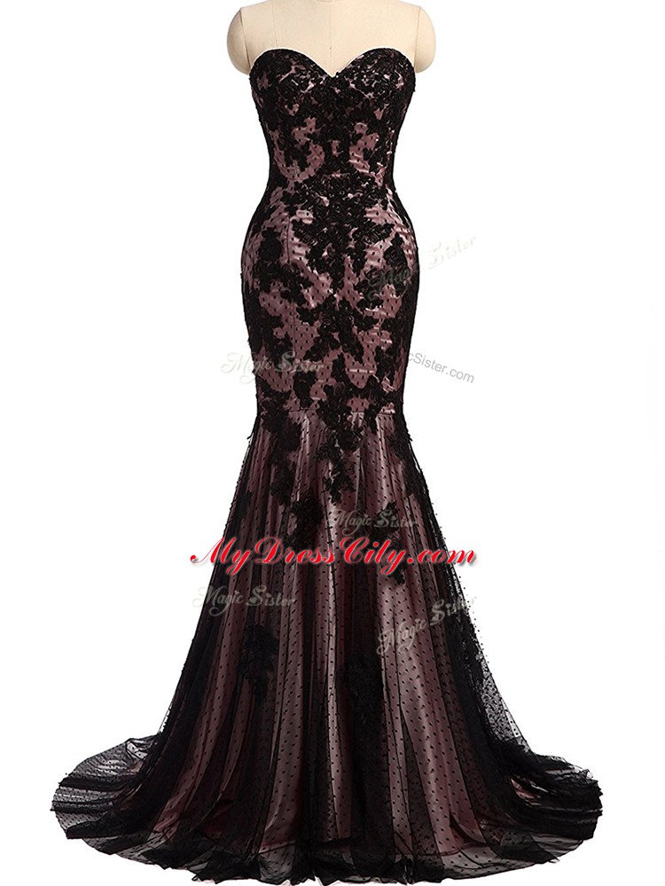 Traditional Sweetheart Sleeveless Formal Dresses Brush Train Lace and Appliques Black Tulle and Lace