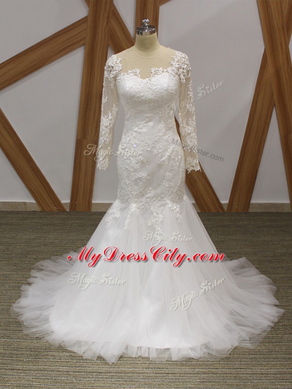 Custom Fit White Tulle Zipper Wedding Dresses Sleeveless Brush Train Lace and Appliques