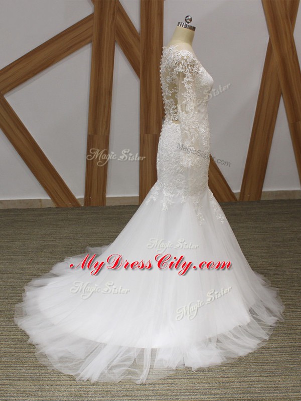 Custom Fit White Tulle Zipper Wedding Dresses Sleeveless Brush Train Lace and Appliques