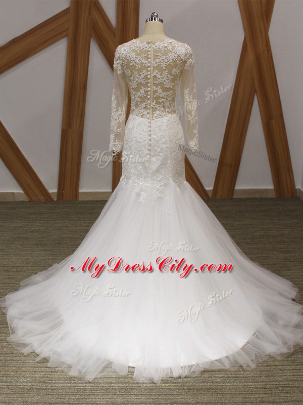 Custom Fit White Tulle Zipper Wedding Dresses Sleeveless Brush Train Lace and Appliques