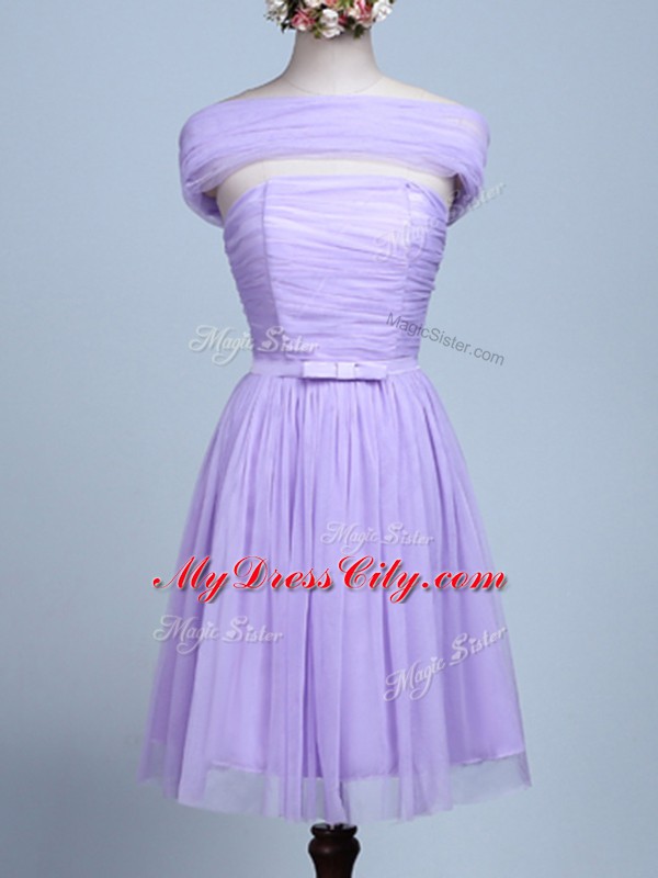 Elegant Lavender Sleeveless Mini Length Belt Side Zipper Bridesmaid Dress