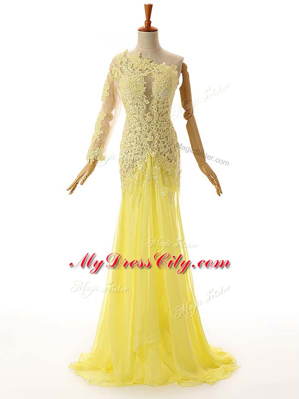 Graceful Sleeveless Floor Length Lace and Appliques Side Zipper Evening Dress with Light Yellow