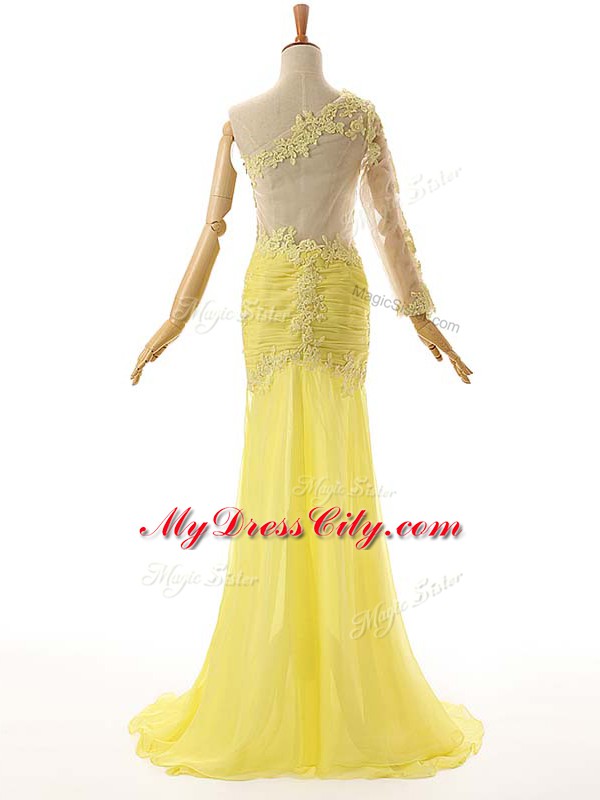 Graceful Sleeveless Floor Length Lace and Appliques Side Zipper Evening Dress with Light Yellow