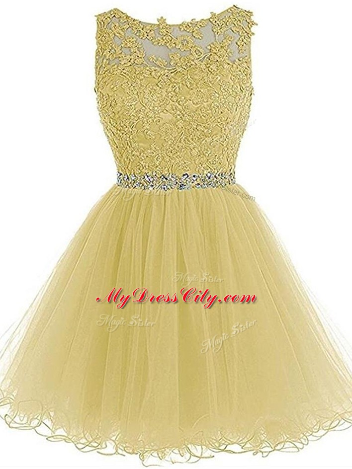 Dazzling Light Yellow Tulle Zipper Scoop Sleeveless Mini Length Prom Evening Gown Beading and Lace and Appliques