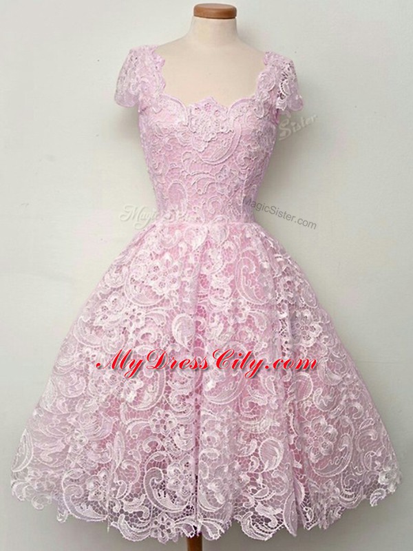 Cap Sleeves Lace Up Knee Length Lace Quinceanera Dama Dress