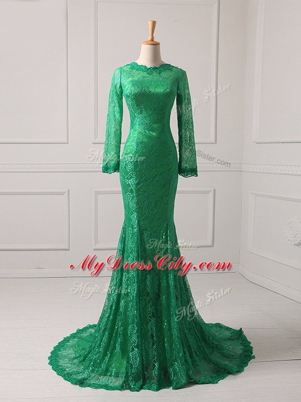 Zipper Mother of Groom Dress Green for Military Ball and Beach with Lace Brush Train