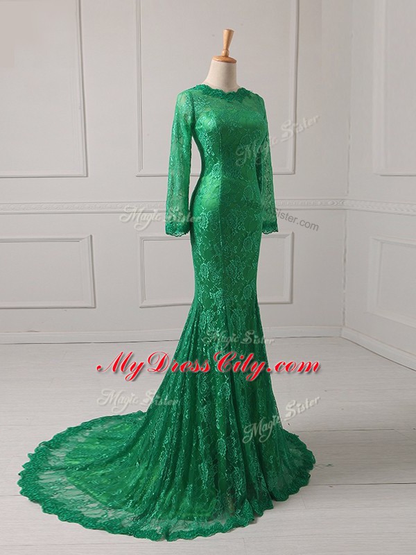 Zipper Mother of Groom Dress Green for Military Ball and Beach with Lace Brush Train