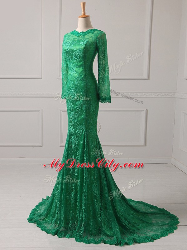 Zipper Mother of Groom Dress Green for Military Ball and Beach with Lace Brush Train