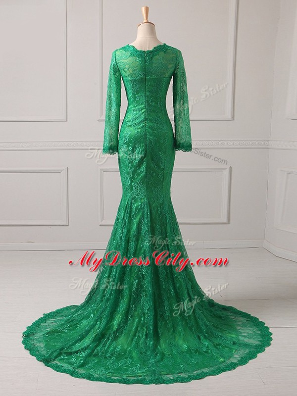 Zipper Mother of Groom Dress Green for Military Ball and Beach with Lace Brush Train