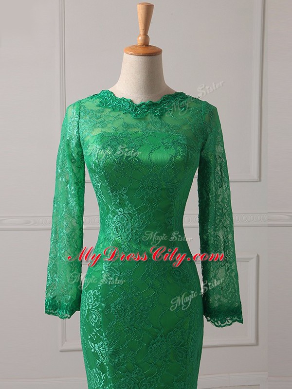 Zipper Mother of Groom Dress Green for Military Ball and Beach with Lace Brush Train