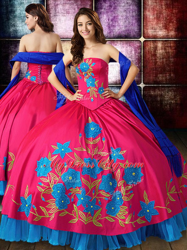 Customized Hot Pink Lace Up Quinceanera Dress Embroidery Sleeveless Floor Length