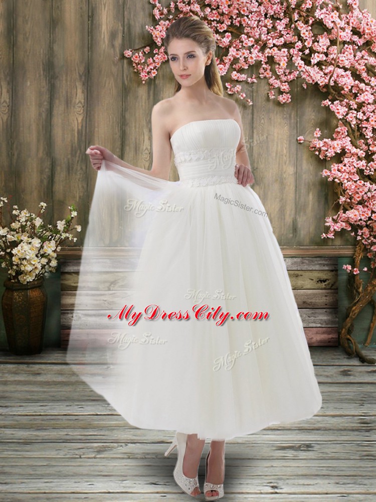 White Organza Zipper Bridal Gown Sleeveless Ankle Length Ruching