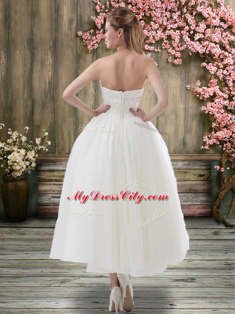 White Organza Zipper Bridal Gown Sleeveless Ankle Length Ruching