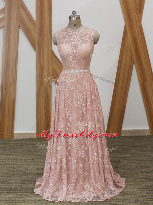 Floor Length Zipper Pink for Prom and Party with Beading Brush Train