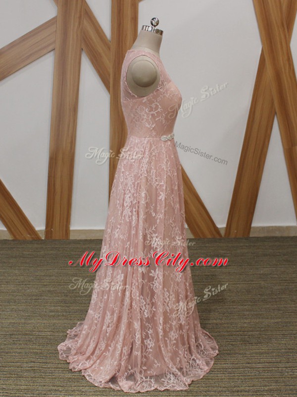 Floor Length Zipper Pink for Prom and Party with Beading Brush Train