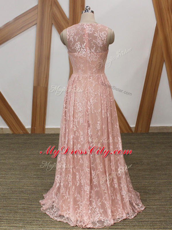 Floor Length Zipper Pink for Prom and Party with Beading Brush Train