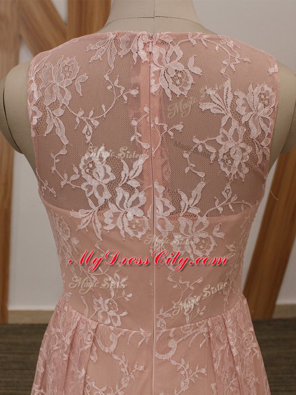 Floor Length Zipper Pink for Prom and Party with Beading Brush Train