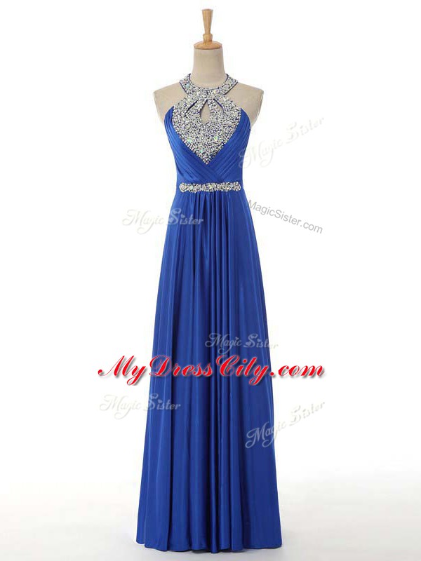 Custom Design Royal Blue Empire Elastic Woven Satin Halter Top Sleeveless Beading and Ruching Floor Length Zipper Formal Evening Gowns